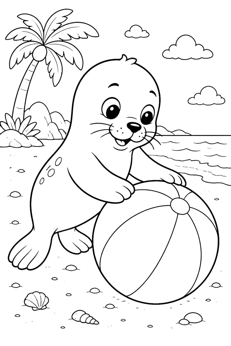 Foca com uma bola de praia, desenho para colorir