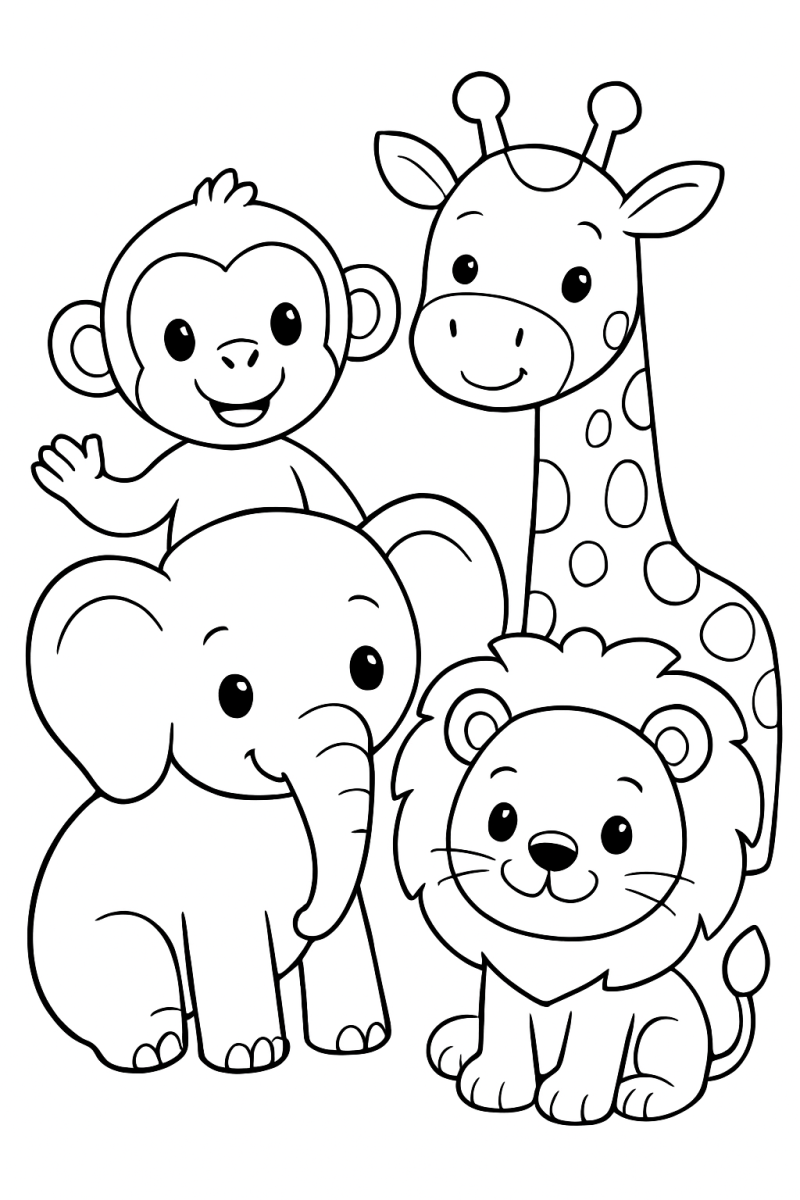 Macaco, girafa, elefante e leão juntos, desenho para colorir