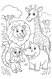 Leão, girafa, hipopótamo e macaco na savana, desenho para colorir