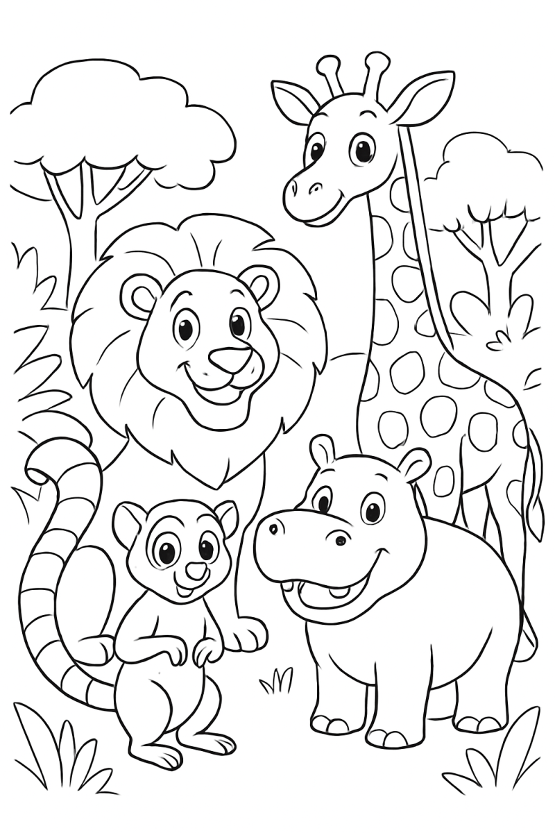 Leão, girafa, hipopótamo e macaco na savana, desenho para colorir