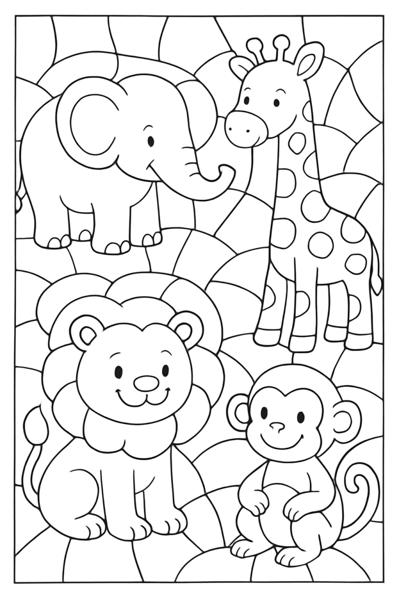 Mosaico com elefante, girafa, leão e macaco, desenho para colorir