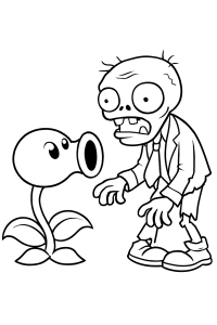 Desenho para colorir de uma ervilha atiradora diante de um zombie