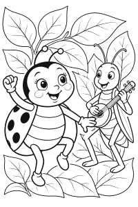Joaninha e grilo a tocar música, desenho para colorir
