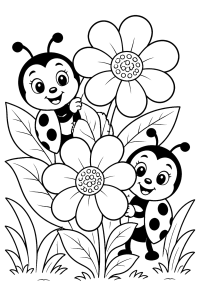 Duas joaninhas entre flores, desenho para colorir