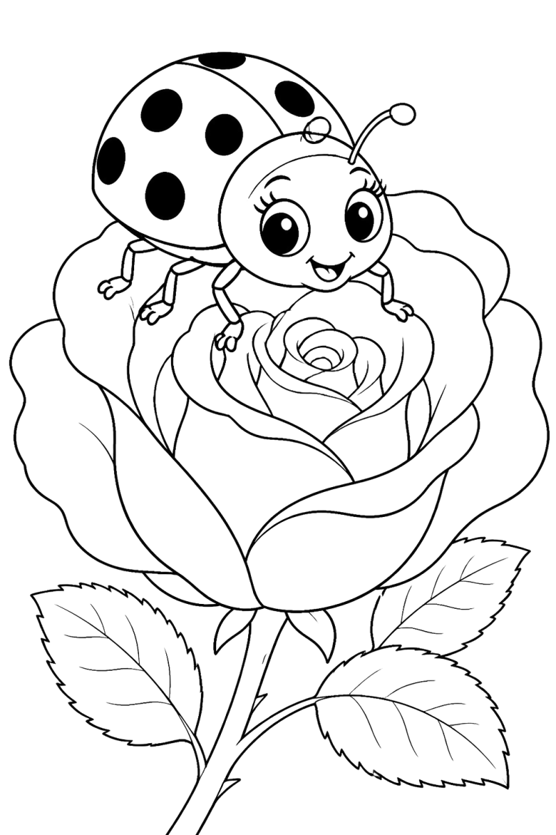 Joaninha numa rosa, desenho para colorir