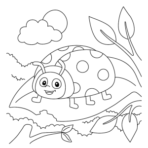 Joaninha numa folha grande, desenho para colorir