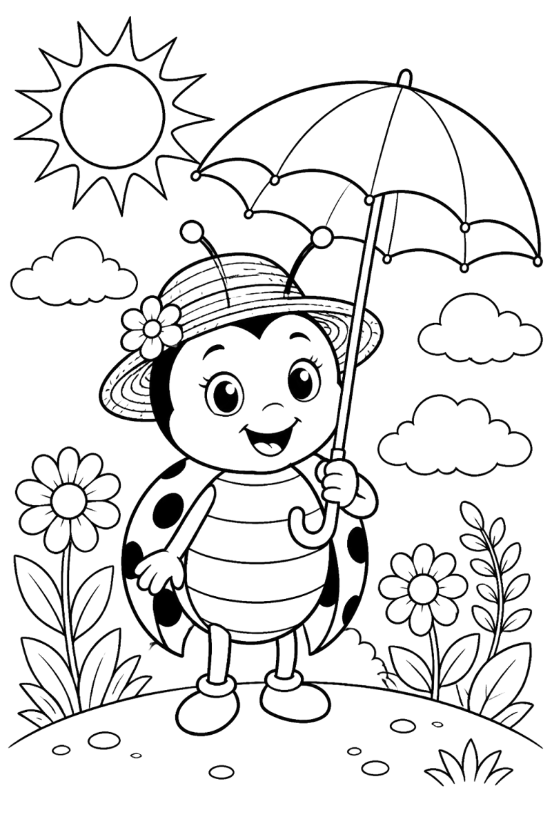 Joaninha de chapéu com guarda-sol, desenho para colorir