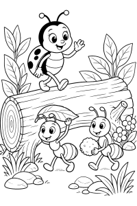 Joaninhas e formigas junto a um tronco, desenho para colorir