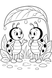 Duas joaninhas a conversar debaixo de uma folha, desenho para colorir