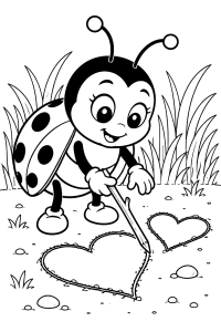 Joaninha a desenhar corações na terra, desenho para colorir