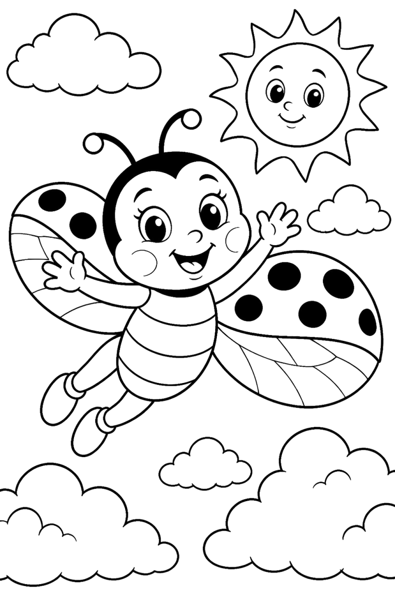 Joaninha a voar ao sol, desenho para colorir
