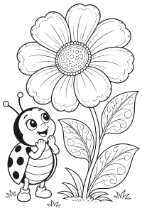 Joaninha junto a uma flor grande, desenho para colorir