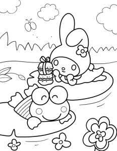 Desenho para colorir de Keroppi e My Melody num lago