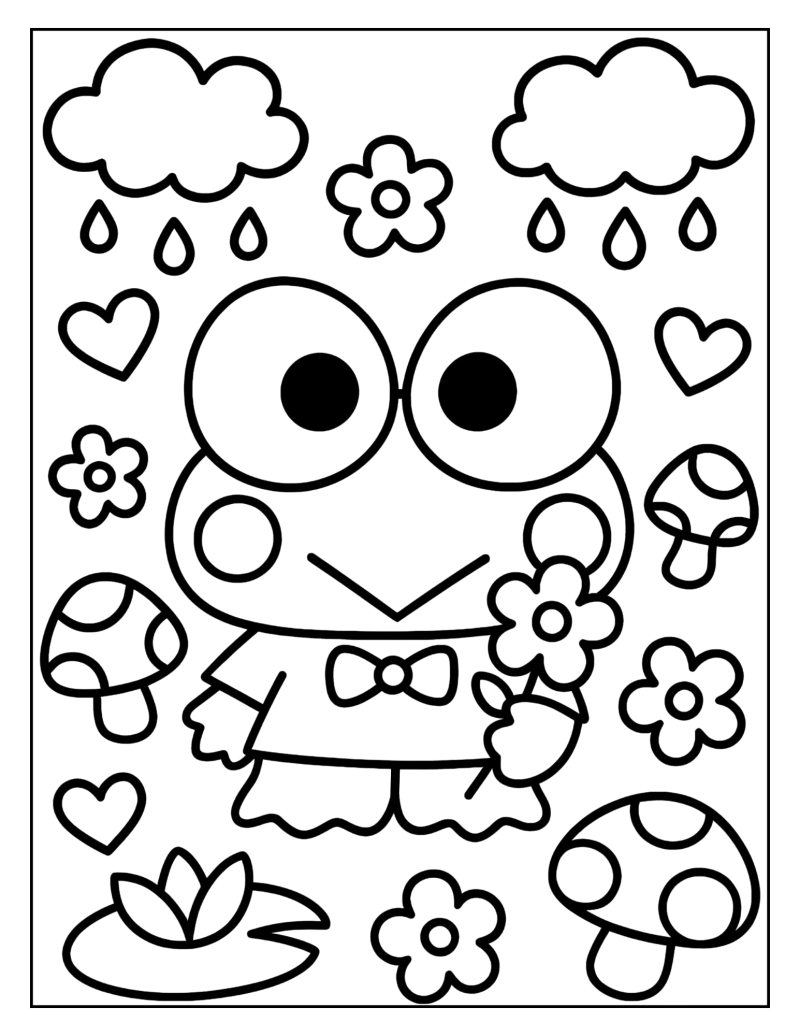 Desenho para colorir de Keroppi entre nuvens, flores e cogumelos