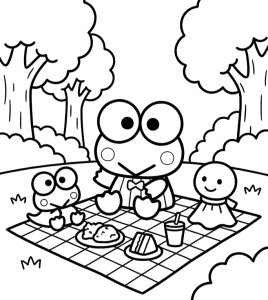 Desenho para colorir de Keroppi num piquenique no bosque