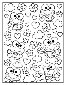 Desenho para colorir de uma folha de padrões com Keroppi e corações