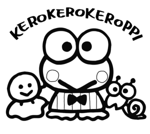 Desenho para colorir de Keroppi com amigos e o letreiro Kerokerokeroppi
