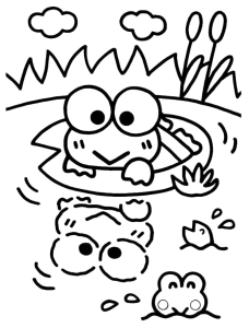 Desenho para colorir de Keroppi a nadar no lago com amigos