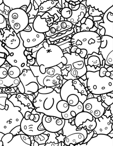 Desenho para colorir de uma folha cheia de personagens da Sanrio