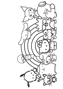 Desenho para colorir de um arco-íris com personagens da Sanrio