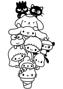 Desenho para colorir das personagens da Sanrio empilhadas num gelado