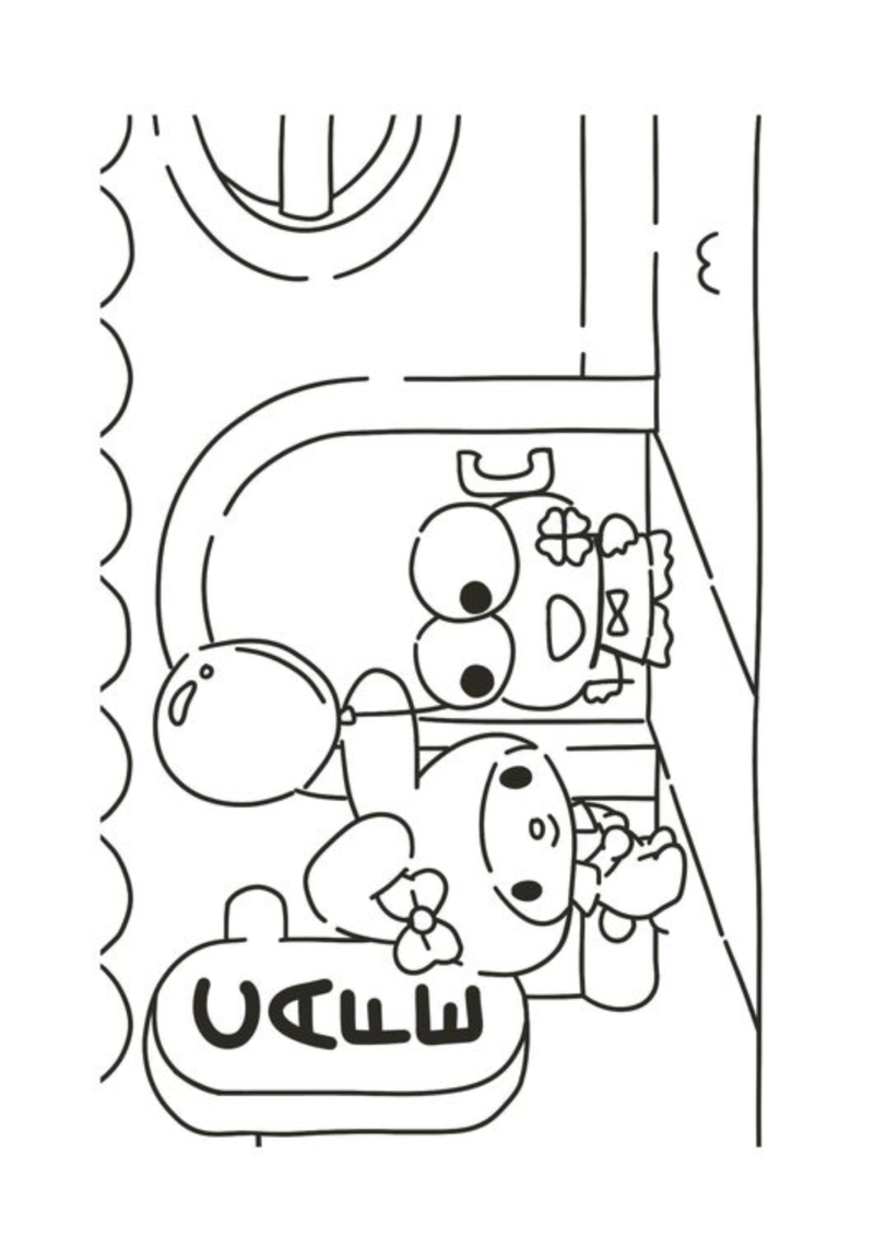 Desenho para colorir de Keroppi e My Melody num café