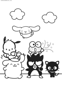 Desenho para colorir de Keroppi com o Pochacco, o Badtz-Maru e o Chococat