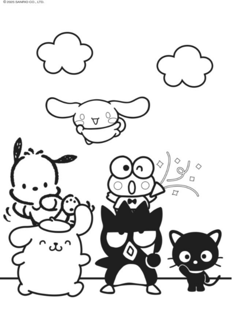 Desenho para colorir de Keroppi com o Pochacco, o Badtz-Maru e o Chococat