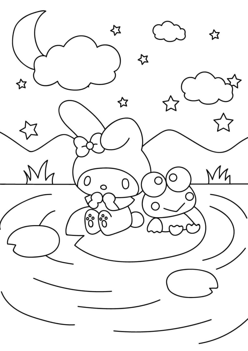 Desenho para colorir de My Melody e Keroppi num lago à noite