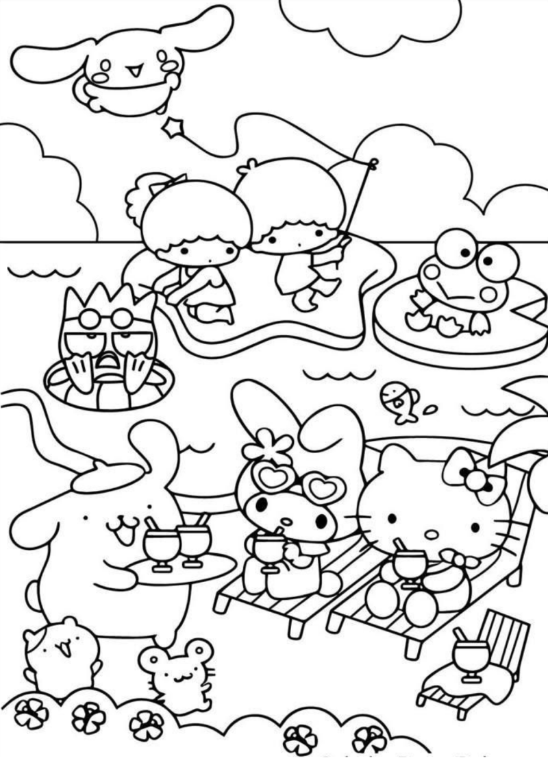 Desenho para colorir de amigos da Sanrio num piquenique junto ao lago