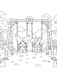 Desenho para colorir de My Melody e Kuromi nos baloiços