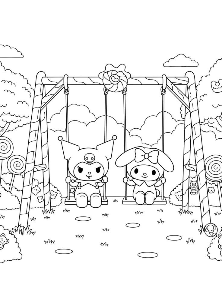 Desenho para colorir de My Melody e Kuromi nos baloiços