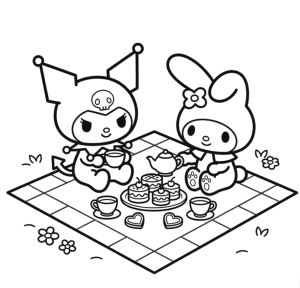 Desenho para colorir de My Melody e Kuromi num piquenique