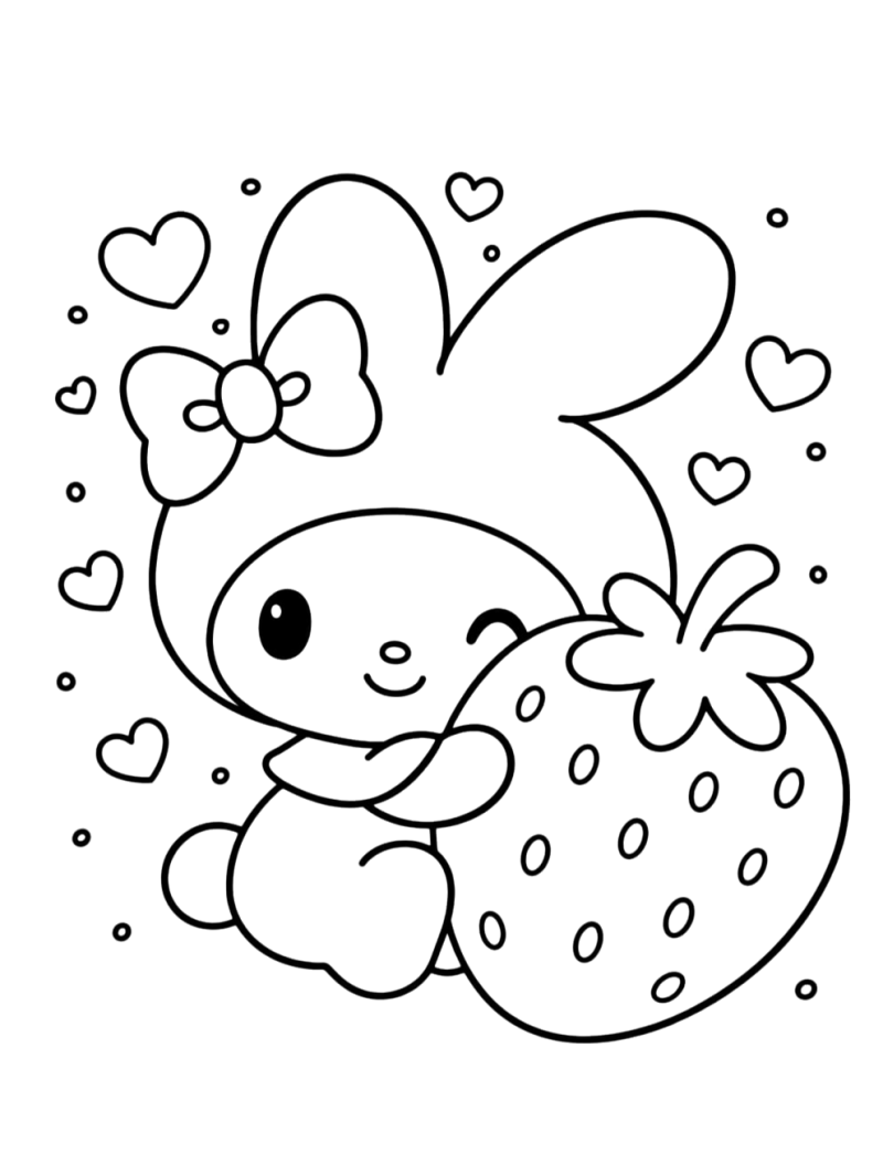 Desenho para colorir de My Melody a abraçar um morango gigante