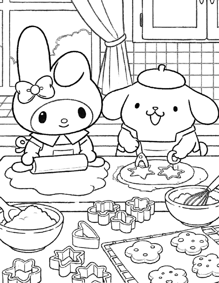 Desenho para colorir de My Melody e Pompompurin a fazer bolachas