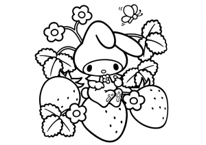 Desenho para colorir de My Melody entre morangos e flores