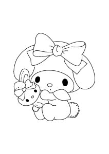 Desenho para colorir de My Melody com um grande laço e um peluche