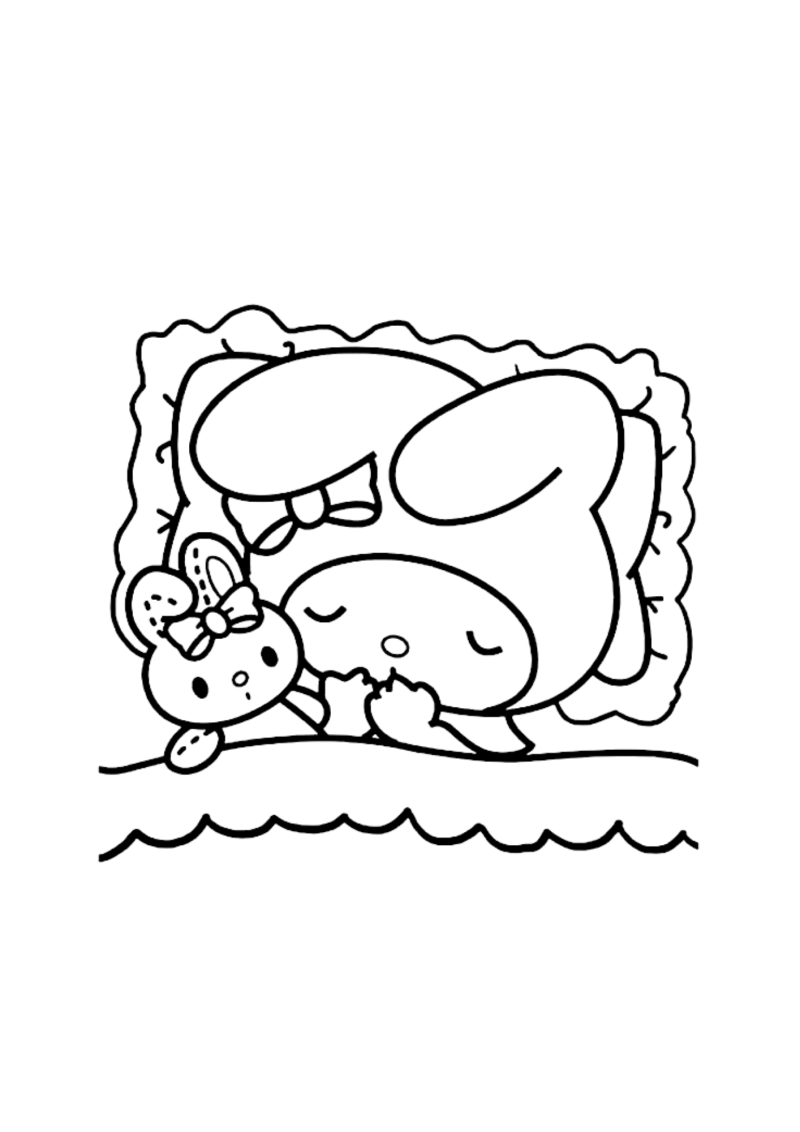 Desenho para colorir de My Melody a dormir com o coelhinho de peluche
