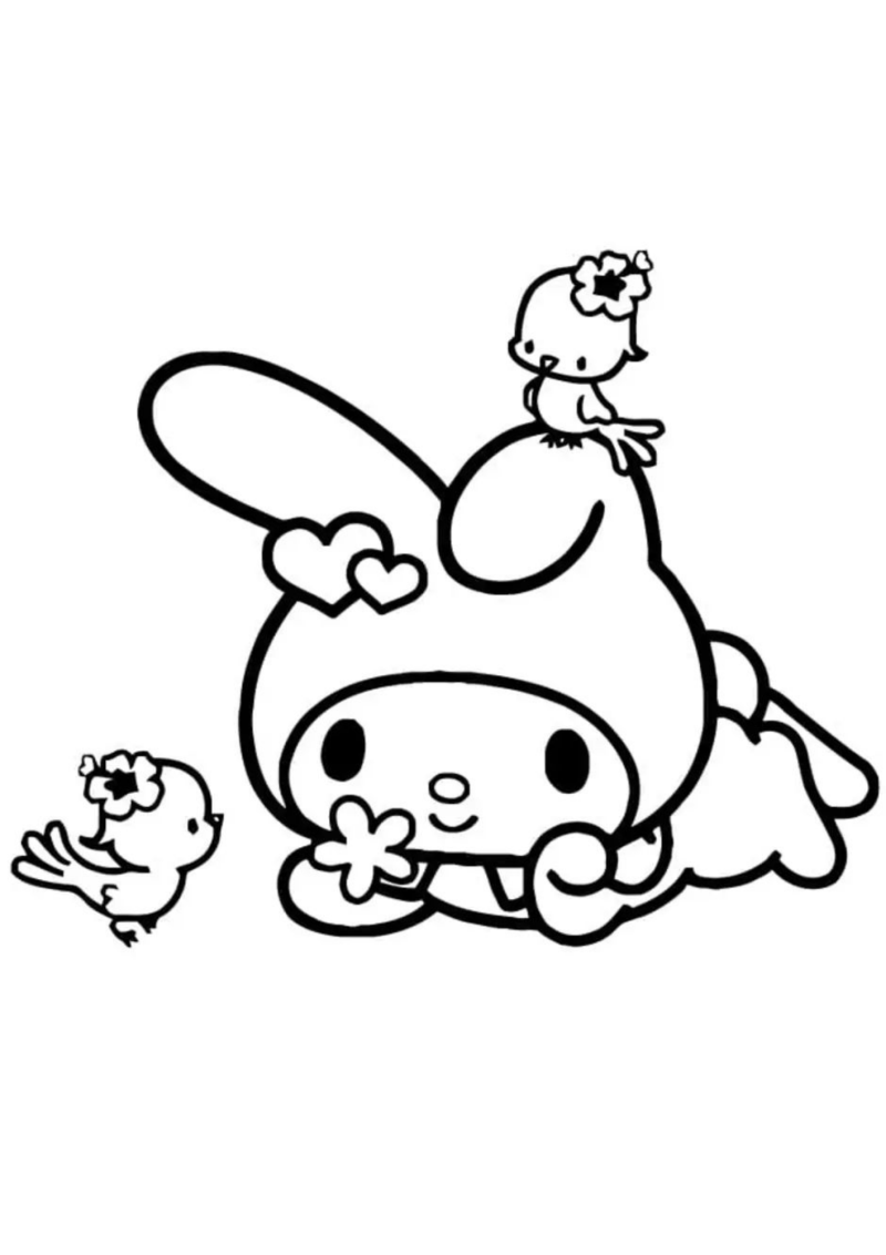 Desenho para colorir de My Melody a brincar com passarinhos, de traço fino