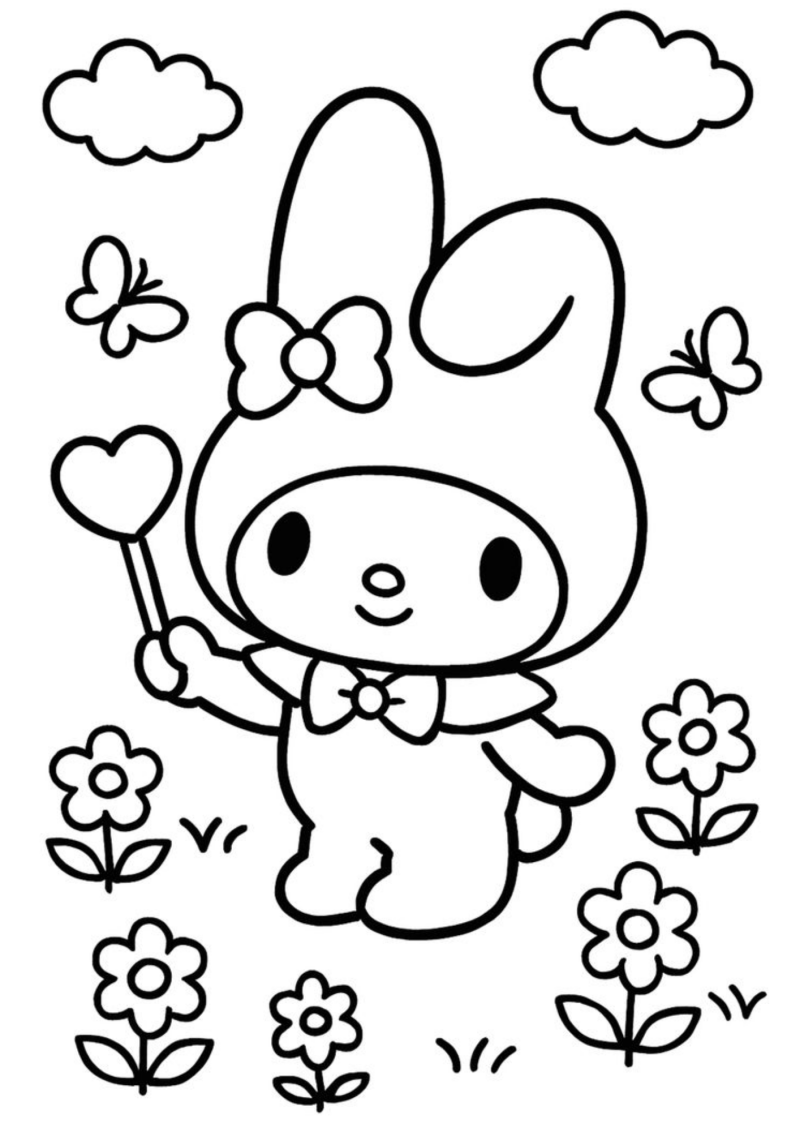 Desenho para colorir de My Melody com uma varinha de coração entre flores