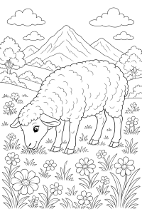 Ovelha a pastar perto das montanhas, desenho para colorir