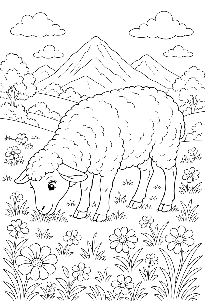 Ovelha a pastar perto das montanhas, desenho para colorir