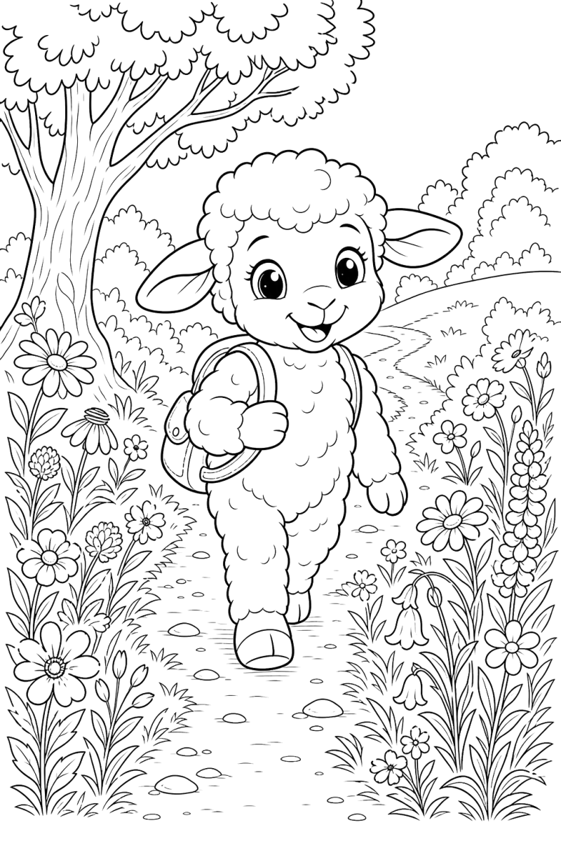 Cordeiro a passear de mochila, desenho para colorir