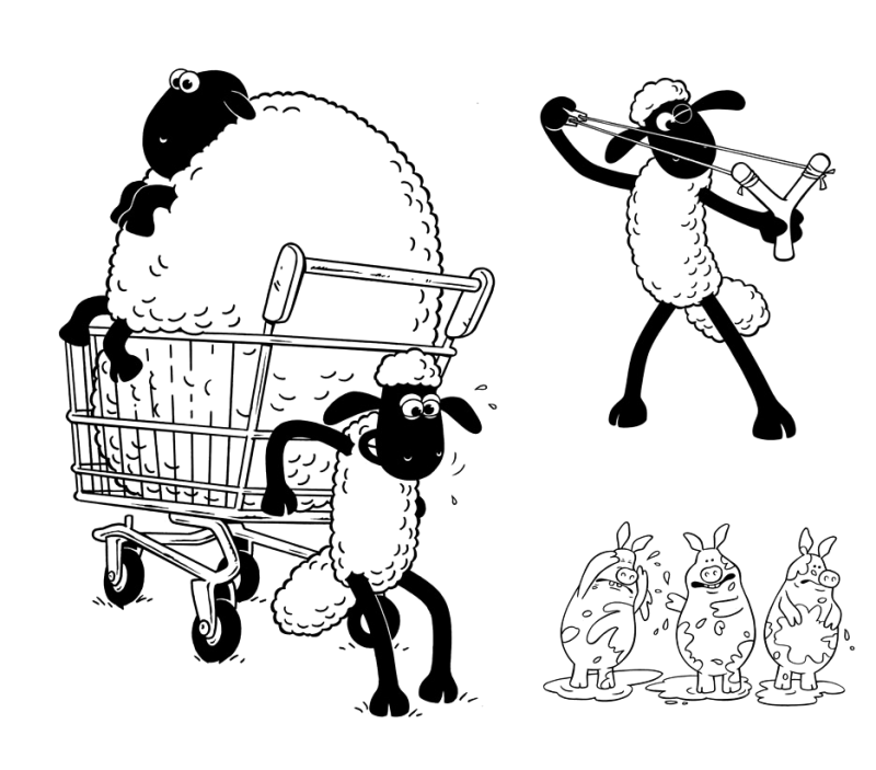 Ovelha Choné e amigos com um carrinho de compras, desenho para colorir