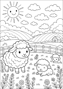 Ovelhas no prado com o sol a sorrir, desenho para colorir