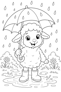 Cordeiro de galochas com guarda-chuva, desenho para colorir