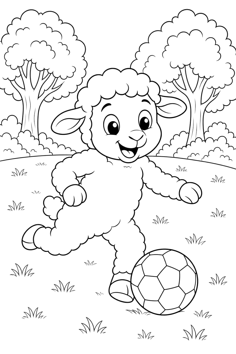 Cordeiro a jogar à bola, desenho para colorir