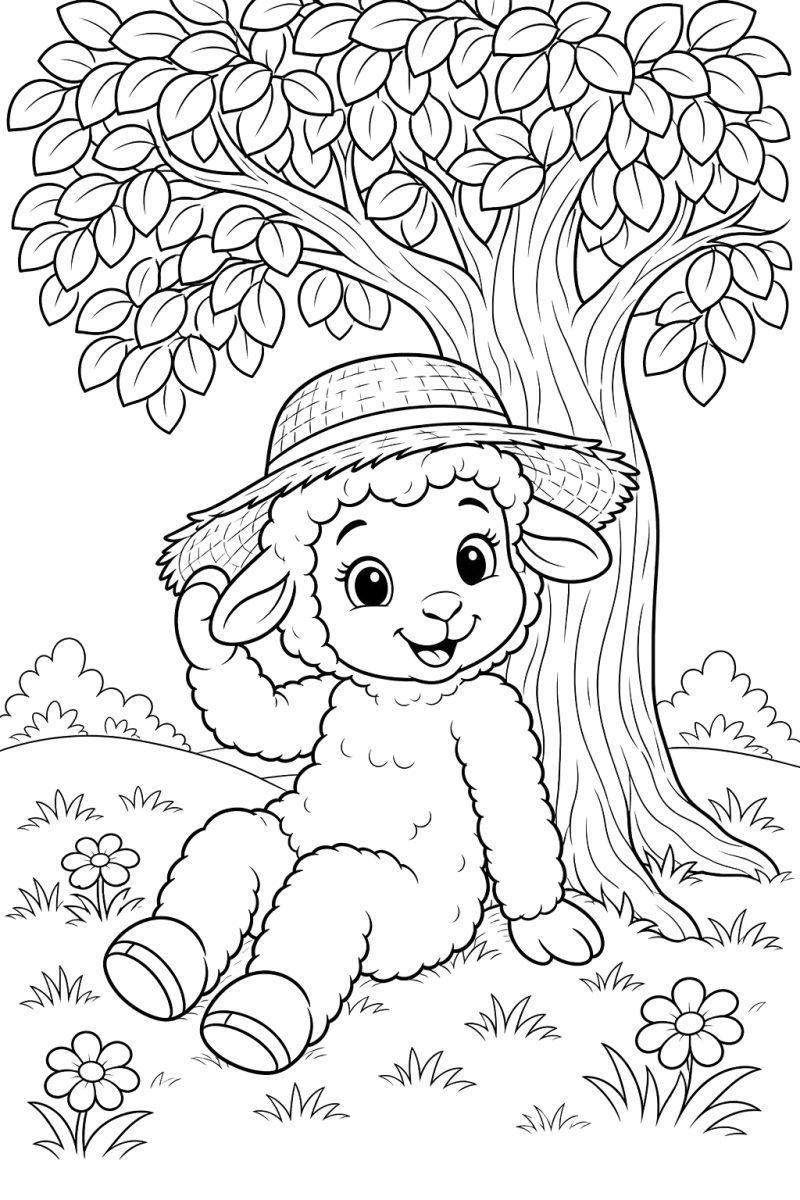 Cordeiro de chapéu de palha junto a uma árvore, desenho para colorir