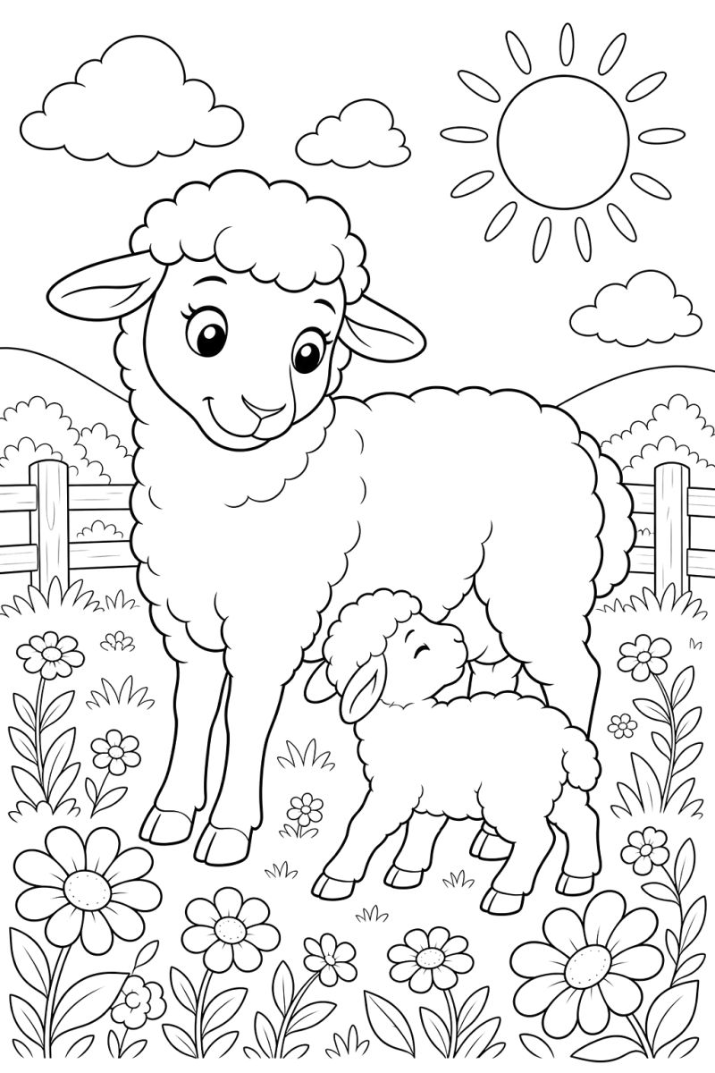 Ovelha e cordeiro num campo de flores, desenho para colorir