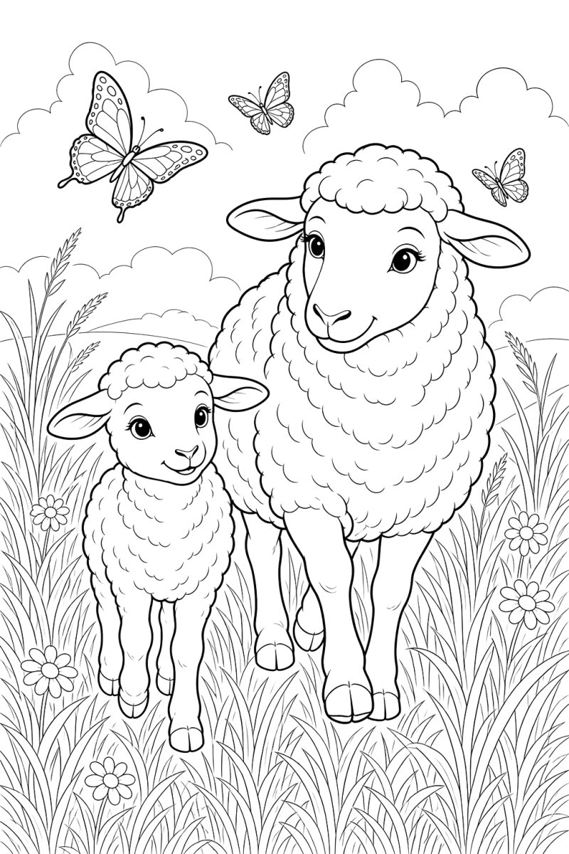 Ovelha e cordeiro entre borboletas, desenho para colorir